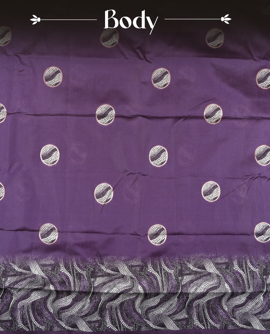 Plum Purple Semi Silk Saree with Silver Circular Buttas, Multitone Textured Wavy Pallu with Satin Zari Edge and Tassels, Paired with Coordinated Blouse Piece