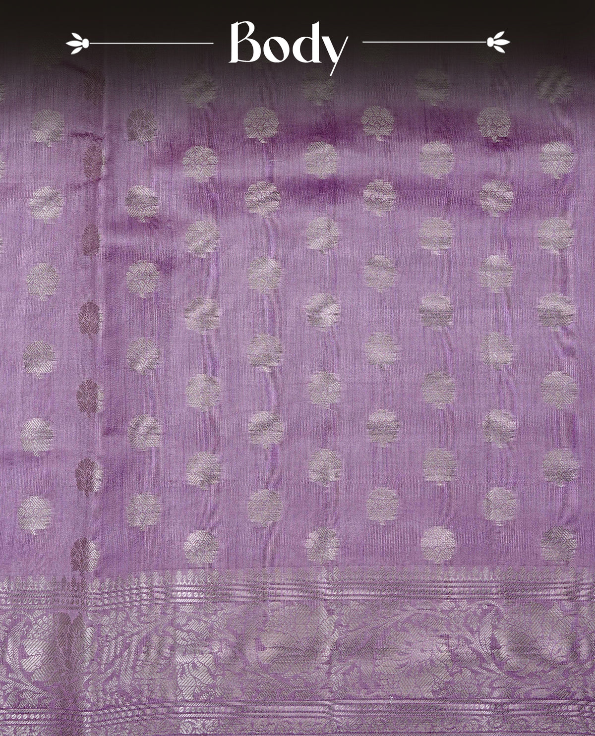 Light Purple colour banaras saree featuring silver zari buttas on body, complemented silver zari on self colour border, comes with matching blouse piece.