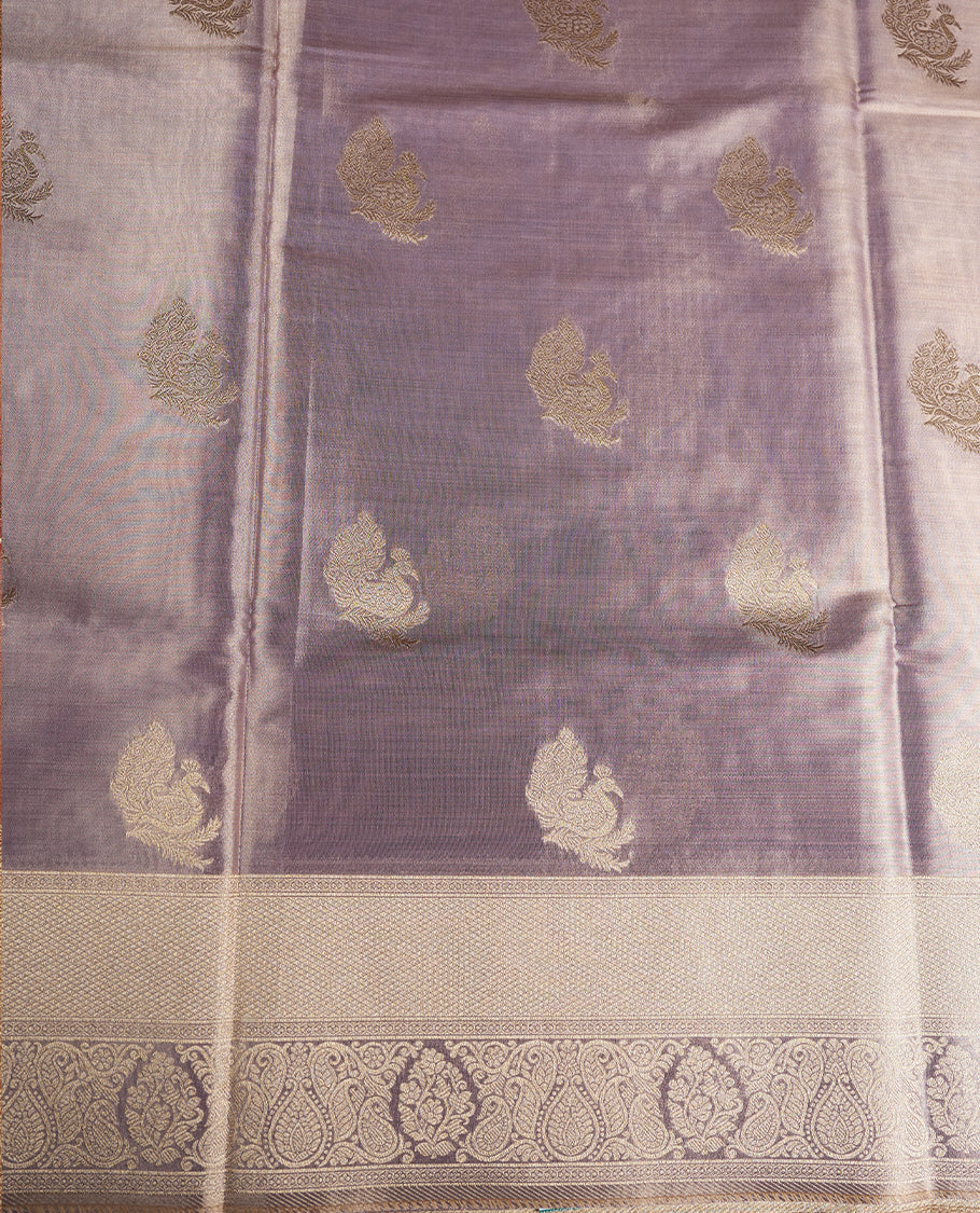 Lavender & Gold double shade colour tissue banaras silk saree featuring antique gold zari motifs on the body with rich traditional zari border and pallu, paired with a matching blouse piece.