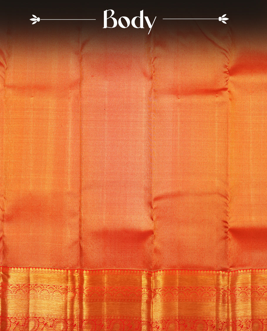 Bright Red colour Kanchipuram Samudrika Silk Saree featuring pattern weaving with gold zari jacquard and a traditional Kanchipuram zari border, paired with a matching designer jacquard blouse piece
