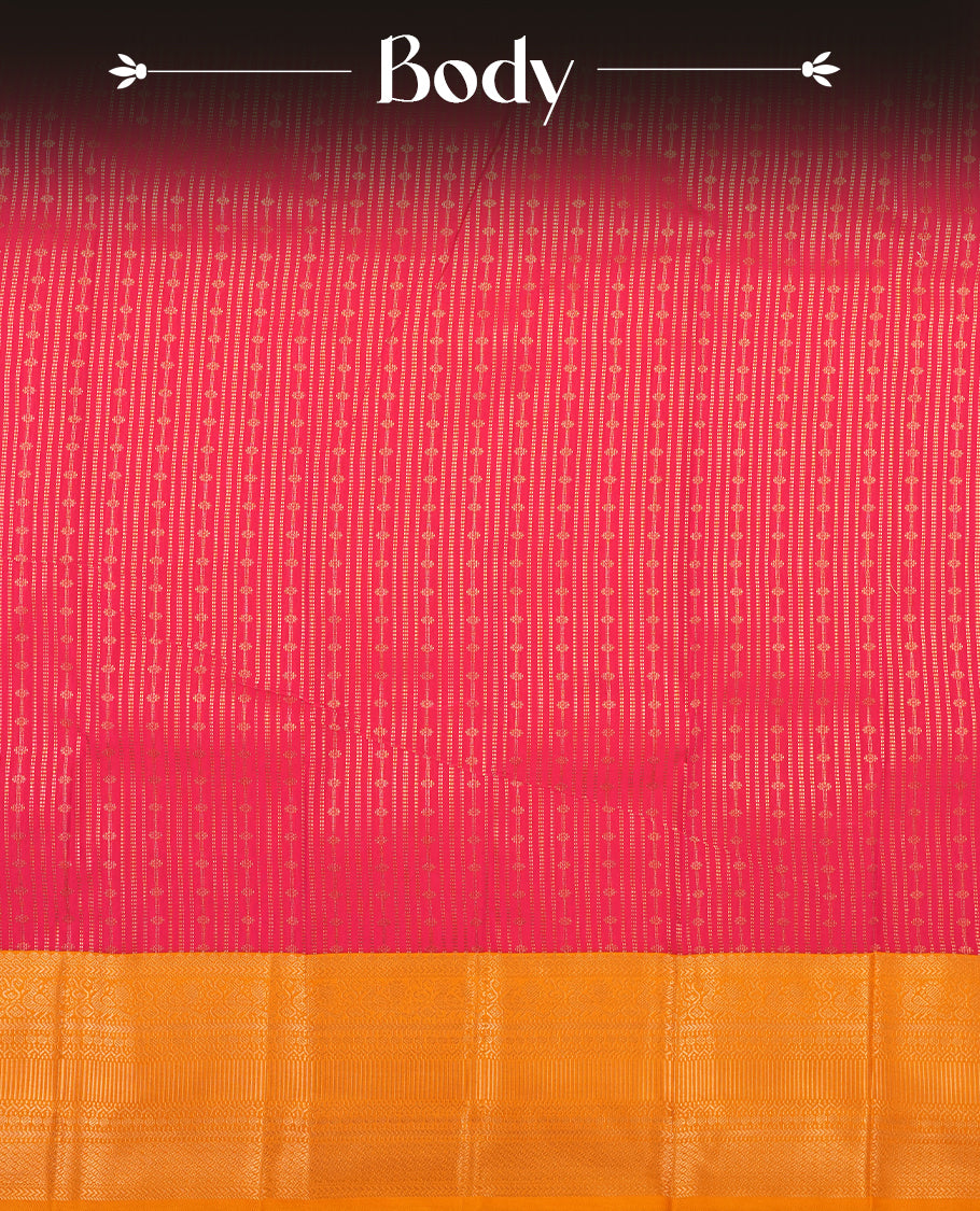 Rani pink colour Semi Silk Saree with gold zari striped patterns on the body, paired with a contrasting mustard traditional pallu and border, and a matching blouse piece.