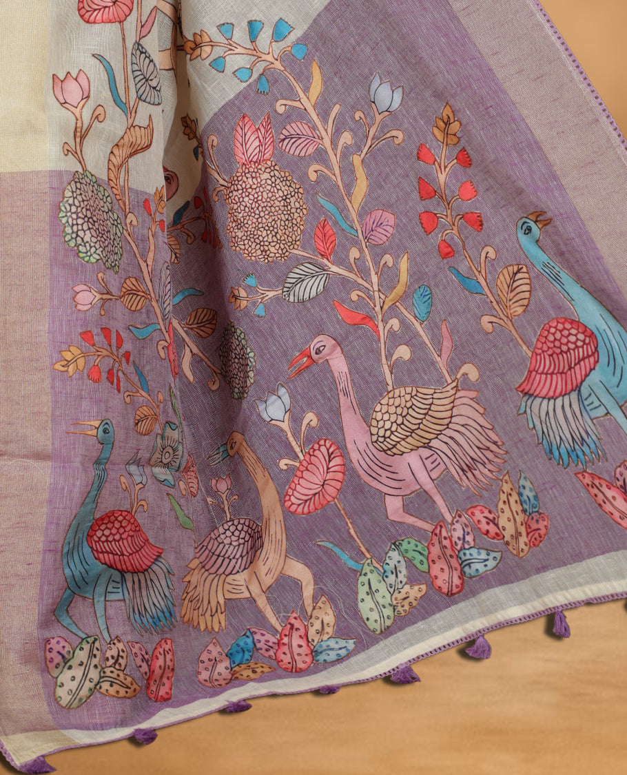 Cream colour cotton linen silk saree featuring Floral & brids printed pattern on body, golden simple border with Lavender colour pallu and comes with a matching blouse