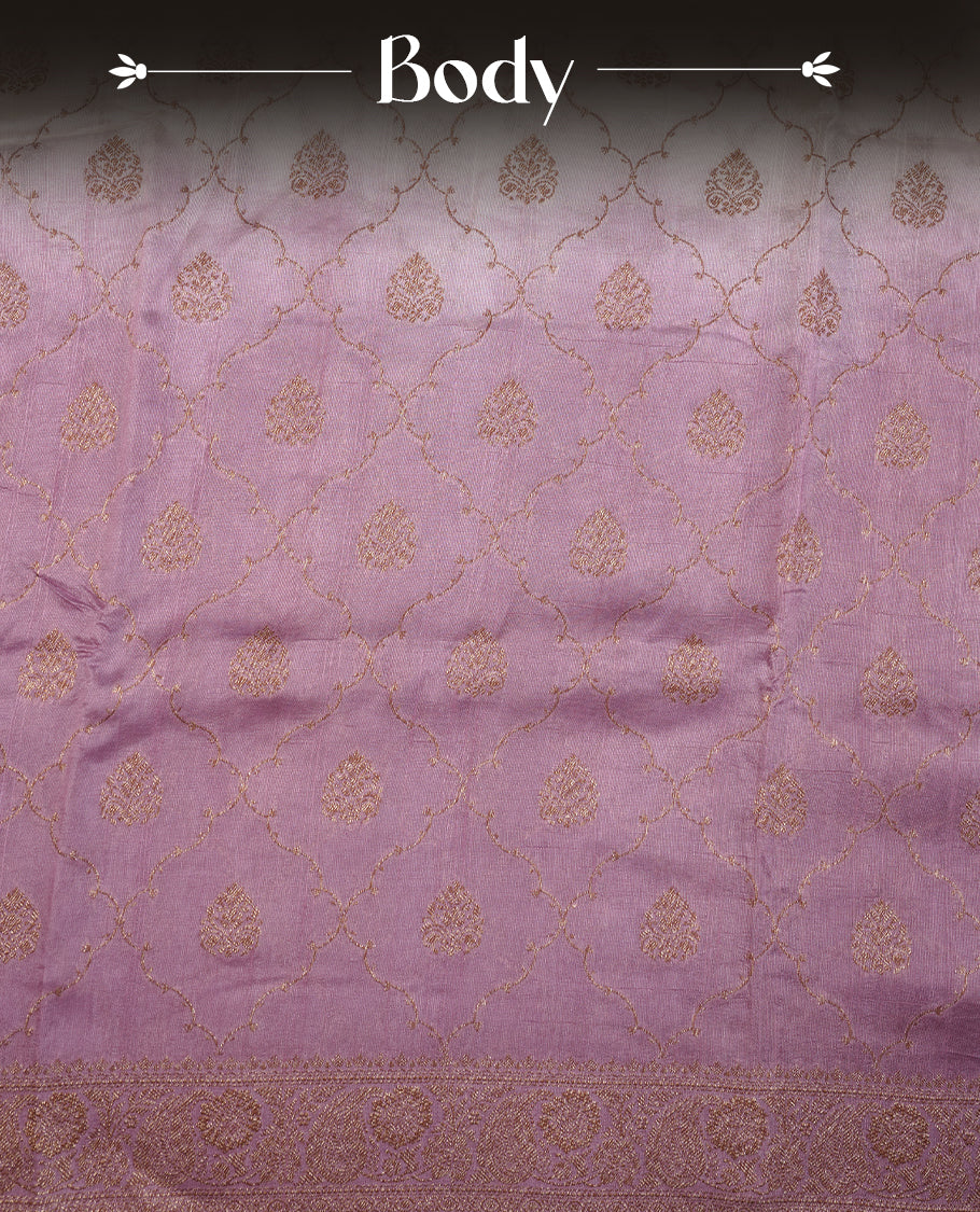 Cream colour semi tussar Banarasi saree featuring Antique zari motifs on body, paired by contrast onion pink colour border, and a matching blouse piece.