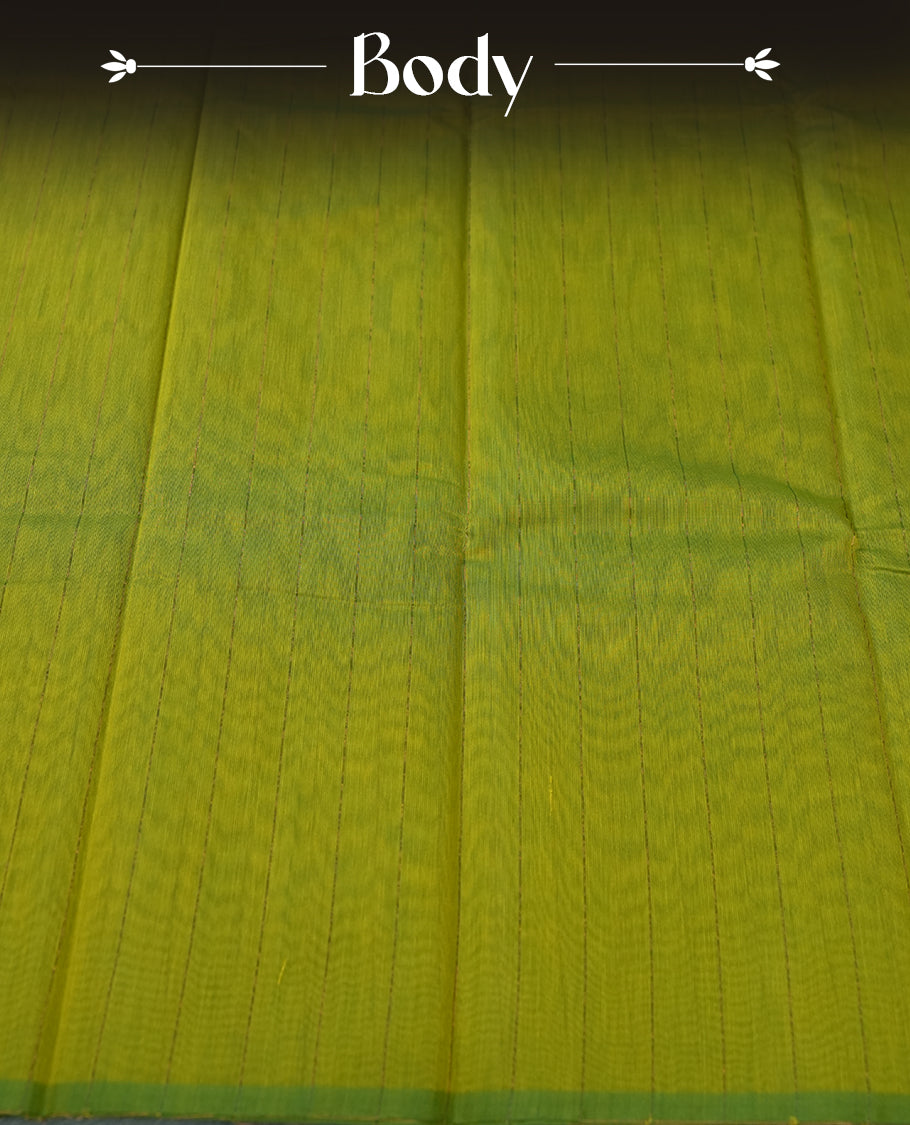 Lemon green colour silk cotton saree featuring with delicate vertical copper zari lines on the body, maroon contrasted border & Crafted without a border for a classy touch, Comes with a matching blouse for a perfectly coordinated look.