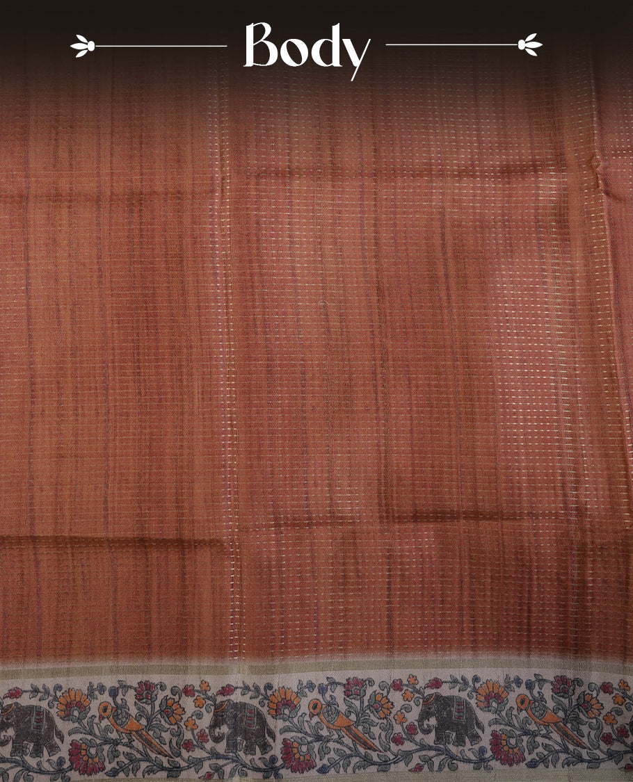 Brown colour tussar saree featuring golden zari dot stripped pattern on the body, complemented by a contrast cream colour mutlicolour floral kodi & animal print on border & pallu, paired with a matching blouse.