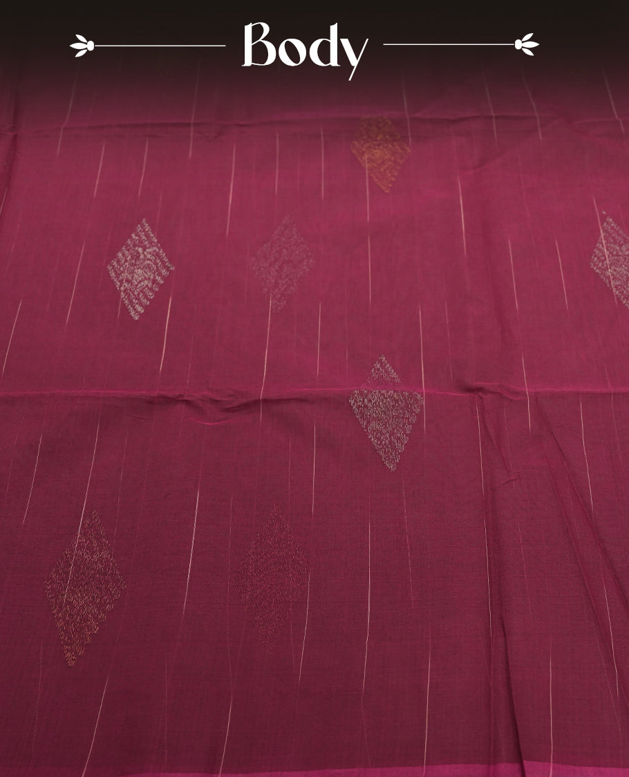 Deep Maroon Cotton Saree with Silver Zari Diamond Butta Body, Featuring Multi-Striped Zari Border Pallu in Maroon and Coral/Orange Tones with Silver Accent Stripes, Paired with Matching Coral/Orange Plain Blouse Piece