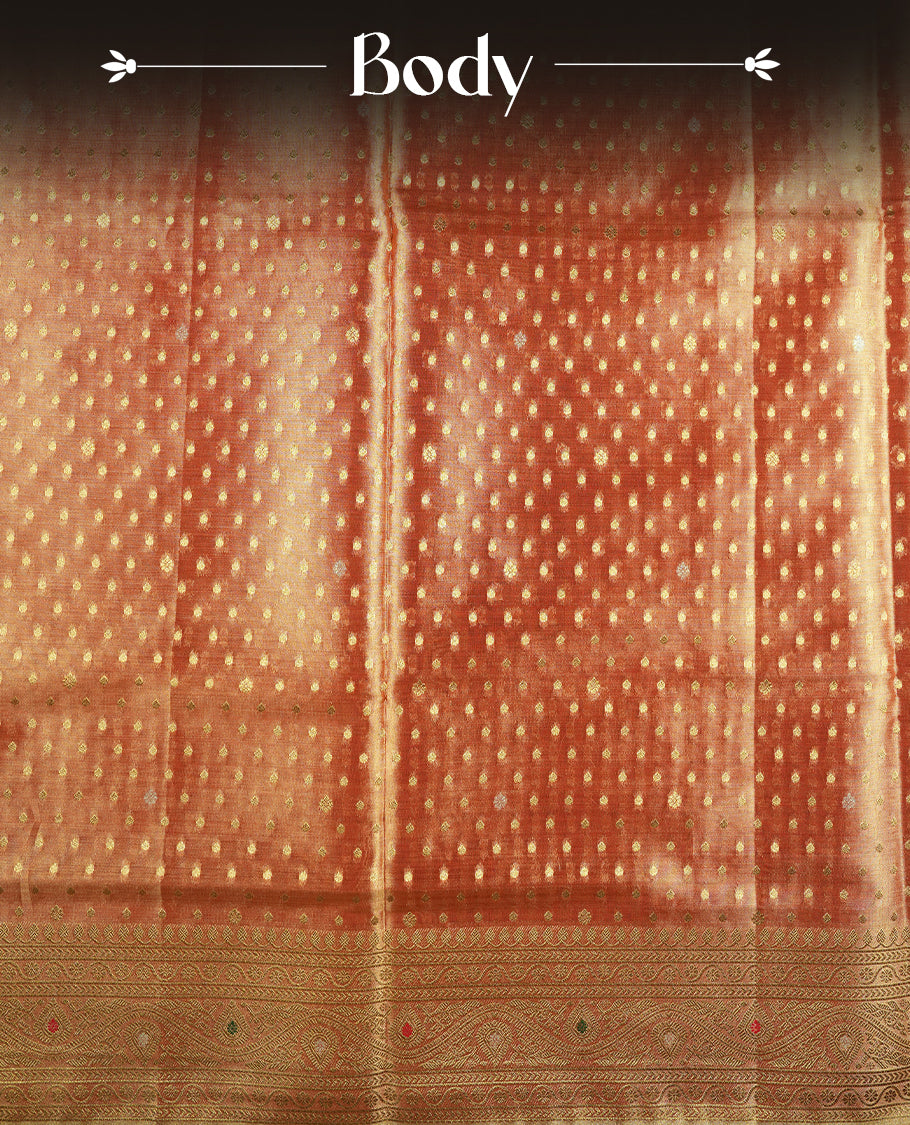 Orange & Gold double shade colour tissue banaras silk saree featuring antique gold zari motifs on the body with rich traditional zari border and pallu, paired with a matching blouse piece.