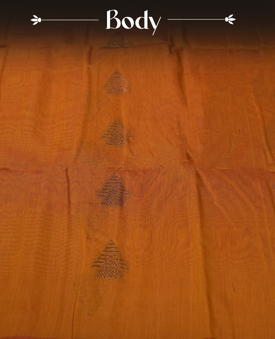 Mustard colour soft silk cotton saree adorned with copper zari motifs and a shimmering copper zari border, Enhanced by a beautifully rich brown colour woven pallu & Comes with a matching blouse piece for a complete look.