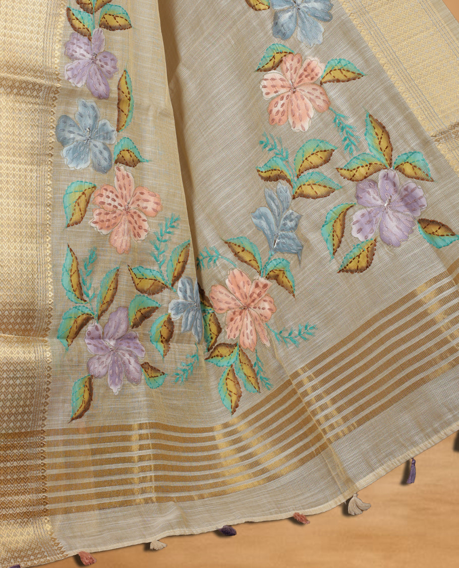 Beige colour Banarasi linen silk saree featuring hand brushed colour with Floral & birds printed pattern on body, gold zari woven geometric design border with self colour pallu and comes with a matching blouse