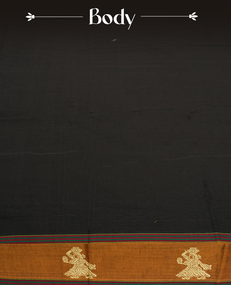 Black colour Narayanapattu cotton saree with a plain black body, mustard yellow pallu adorned with traditional dancer motifs in thread work, and a maroon striped border & A cultural classic, this saree comes without a blouse piece.