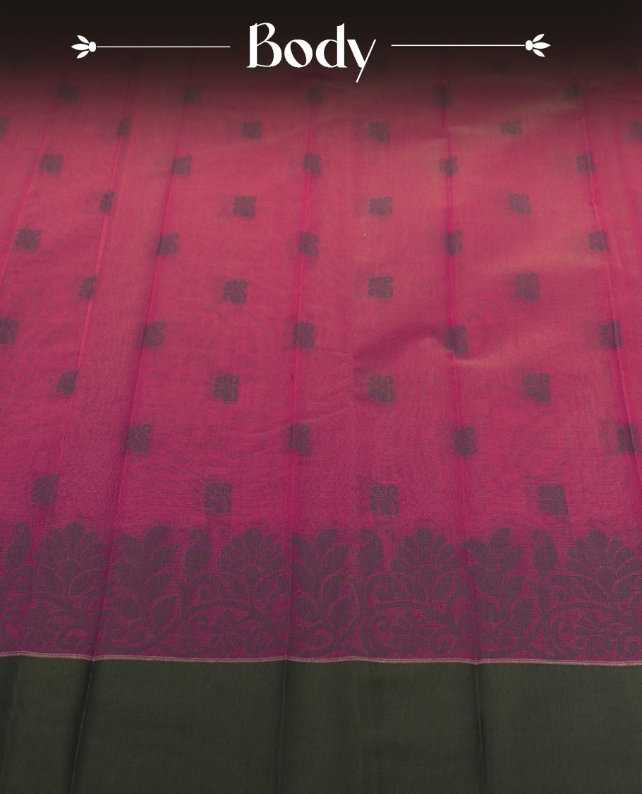 Rouge Pink colour silk cotton saree adorned with delicate woven motifs all over the body, paired with an elegant dark plain grey border and richly patterned pallu & Comes with a matching blouse piece for a complete ethnic look.