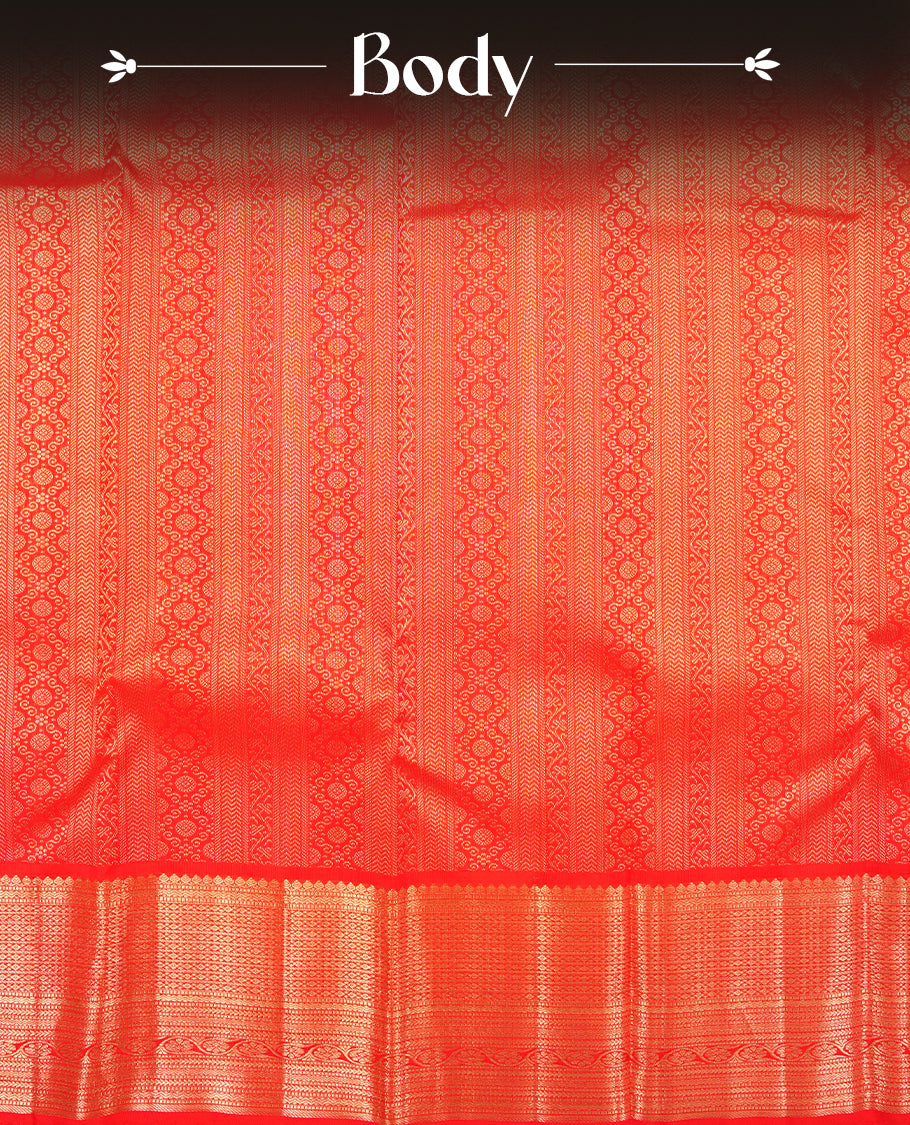 Bright red colour Kanchipuram Samudrika Silk Saree featuring Floral kodi strip pattern weaving with gold zari jacquard and a traditional zari border, paired with a matching designer jacquard blouse piece