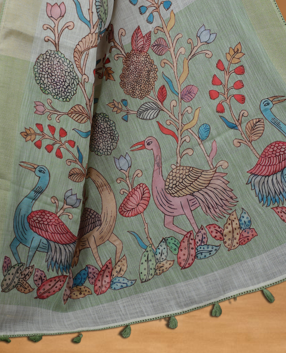 Cream colour cotton linen silk saree featuring Floral & brids printed pattern on body, golden simple border with green colour pallu and comes with a matching blouse