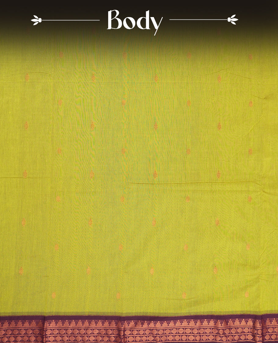 Lemon green colour Kalyani Cotton saree with delicate woven zari motifs all over, paired with a contrasting wine border and pallu intricately woven with rich copper zari & Comes with a matching blouse piece.
