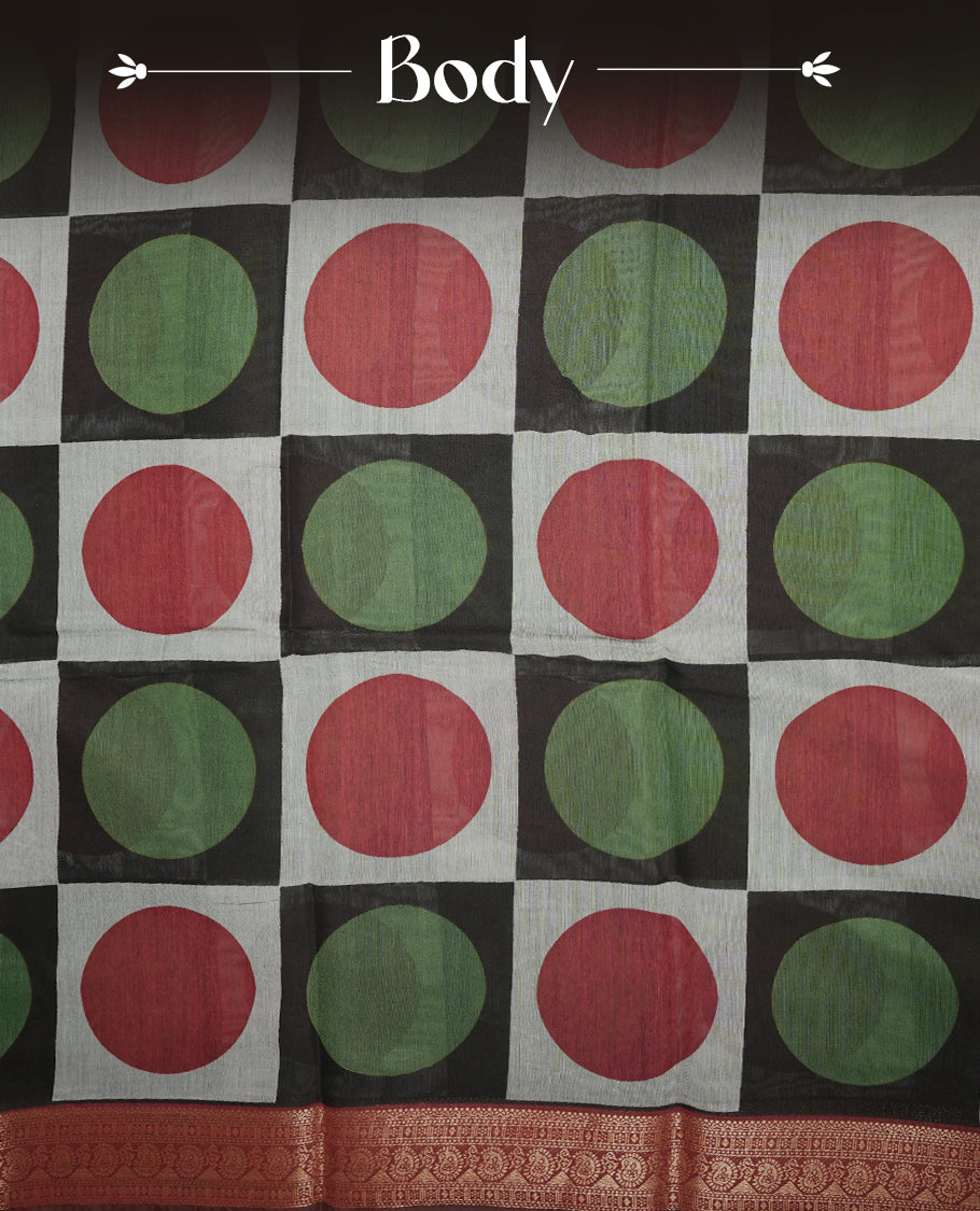 Multicolor mixed chanderi cotton saree with maroon red and olive green circles on checkerboard squares, geometric pallu with diamond motifs, and coordinating maroon blouse.