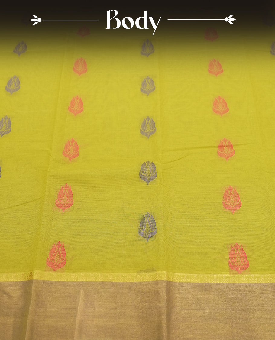 Olive yellow colour silk cotton saree with delicate floral motifs on the body, complemented by a shimmering golden zari border and a graceful pallu & Comes with a matching blouse piece for a perfect traditional look.