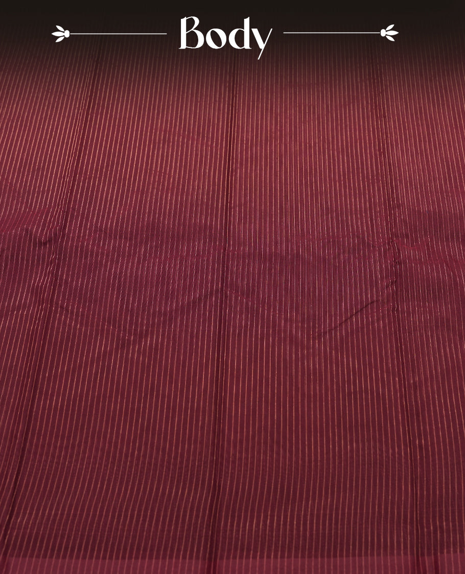 Maroon Colour Silk Cotton Saree with Gold Striped Body, Accented by Black and Brown Striped Pallu with Large Rose Gold Central Motif, Paired with Matching Blouse Piece (Copy)