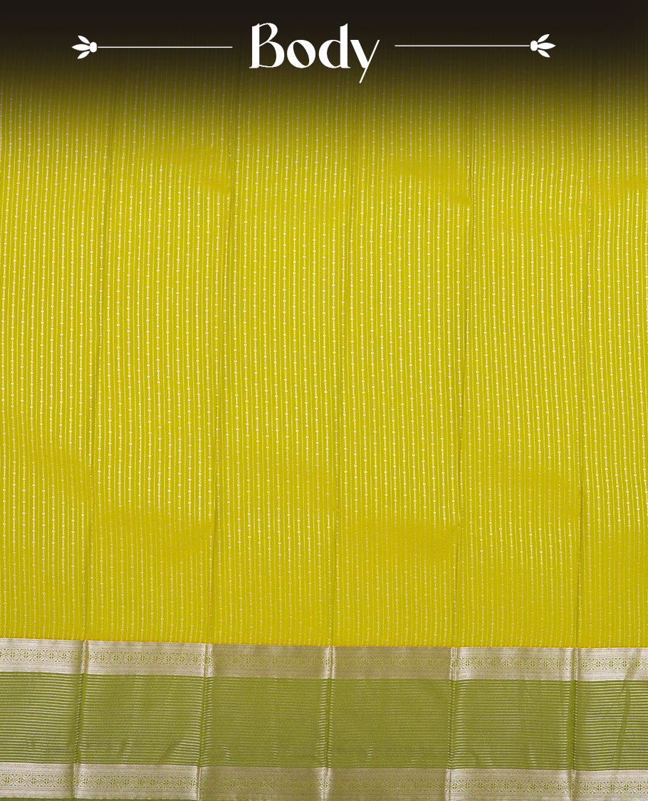 Lemon green Colour Semi Silk Saree with gold zari stripes on the body, paired with a contrasting olive colour pallu and border, and a matching blouse piece.