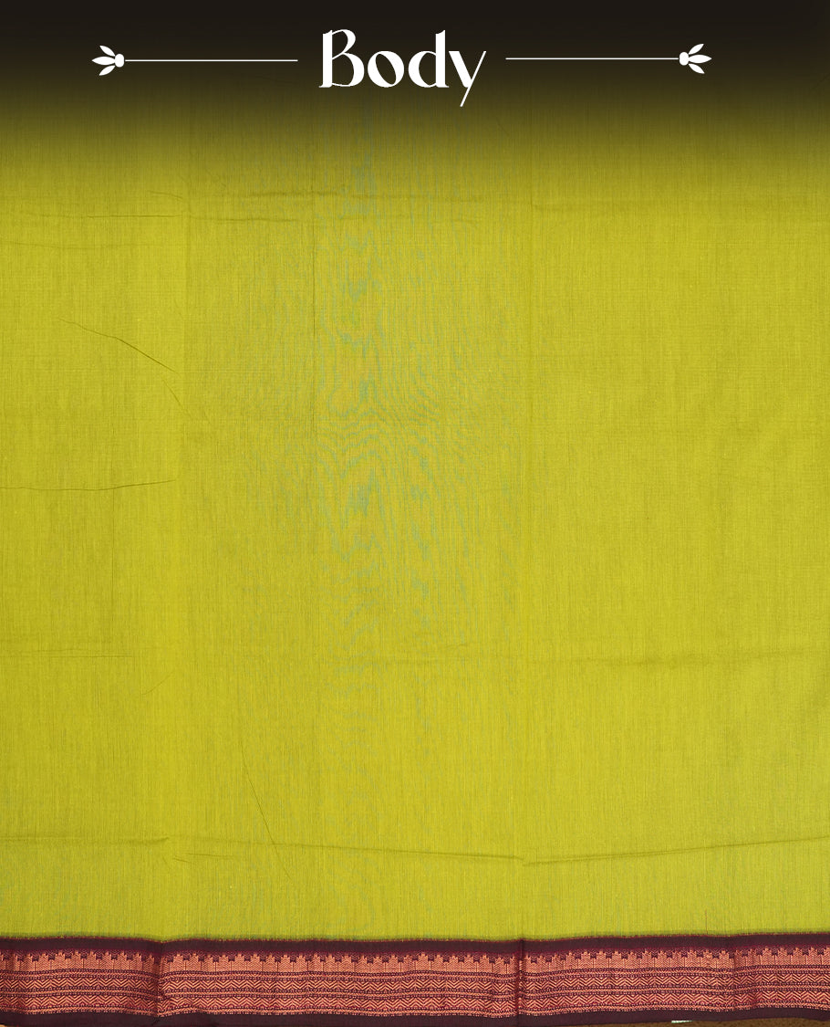 Lemon green colour Kalyani Cotton saree with rich maroon colour border with temple motifs on pallu, featuring copper zari and intricate weaving & Includes a matching blouse piece.