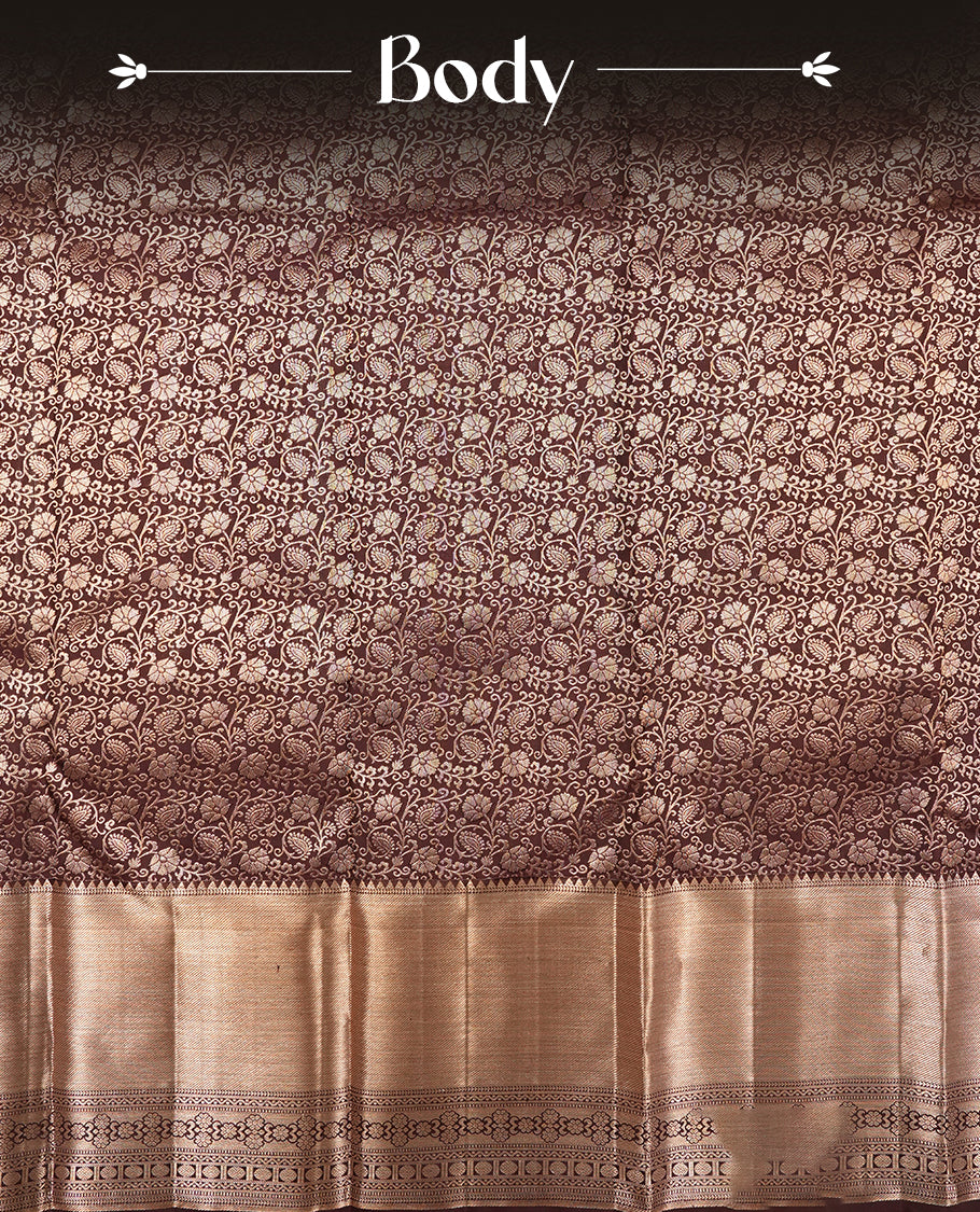 Chocalate brown colour Kanchipuram Samudrika Silk Saree featuring Floral kodi pattern weaving with gold zari jacquard and a traditional zari border, paired with a matching designer jacquard blouse piece