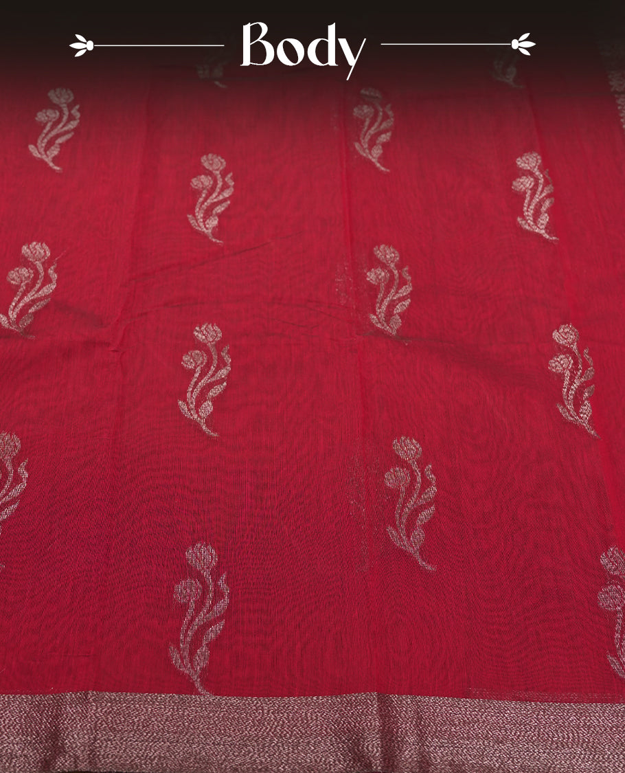 Maroon Red Colour Silk Cotton Saree with Dark Silver Floral Butta Body, Self Coloured Dark Silver Zari Pallu & Border, Floral Vine Motifs, and Matching Plain Woven Blouse Piece