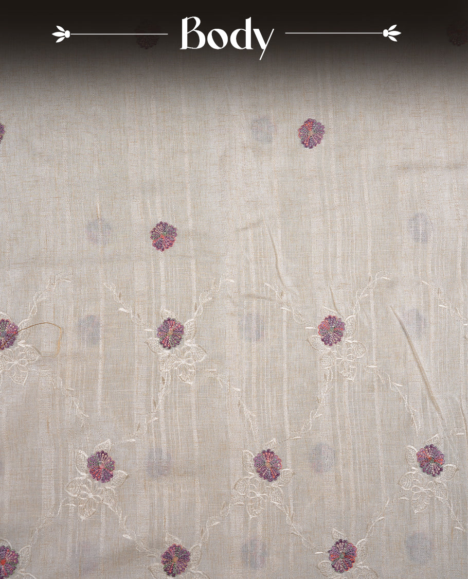 Cream colour semi tuseer silk saree featuring with Self colour thread embroidery kodi pattern & multicolour floral thread motifs all over body, pallu, and paired with matching blouse piece.