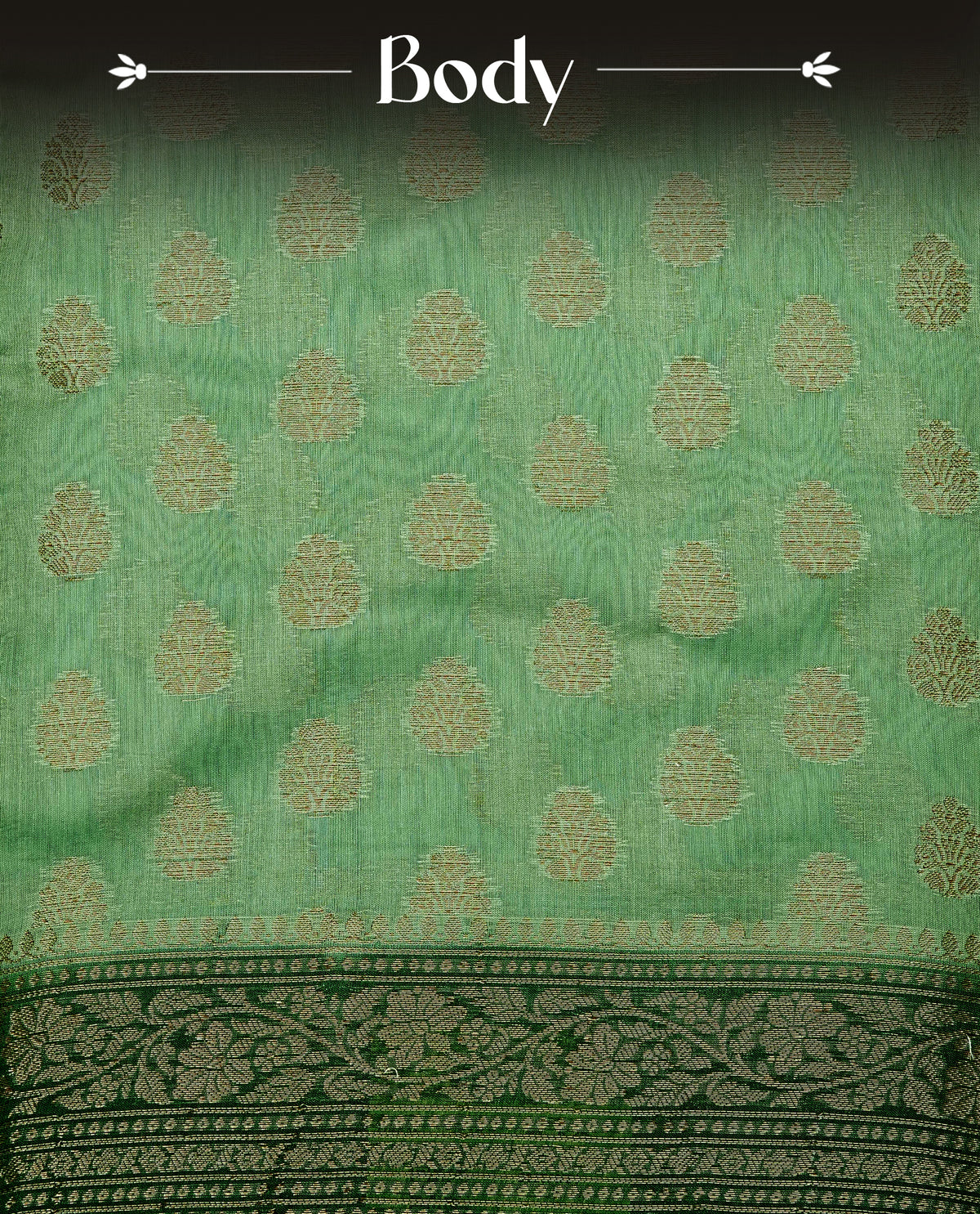 Pista green colour banaras silk saree featuring gold zari buttas on body, complemented by contrast Dark green with gold zari border, comes with matching blouse piece.
