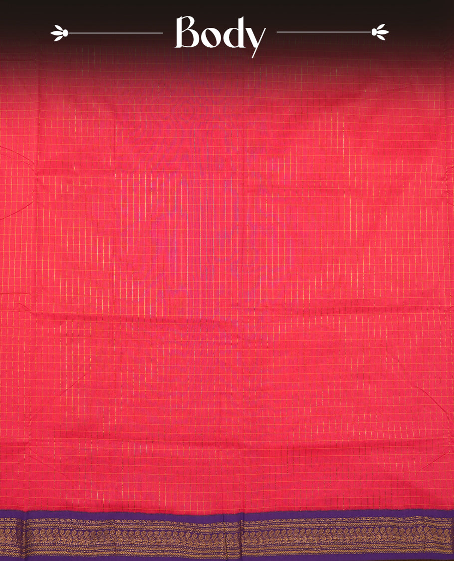 bright pink coloured mixed Kalyani cotton saree featuring golden zari checks on the body, complemented by a Dark Purple coloured border and pallu adorned with golden zari patterns, Paired with a matching blouse.
