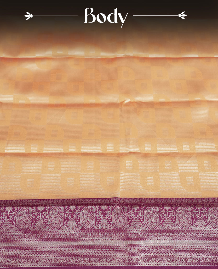 Golden Peach Colour Silk Saree with Self-Checked Geometric Patterns, Contrasting Magenta Zari Woven Pallu and Border Featuring Intricate Floral Motifs and Tassels, Paired with Matching Blouse Piece