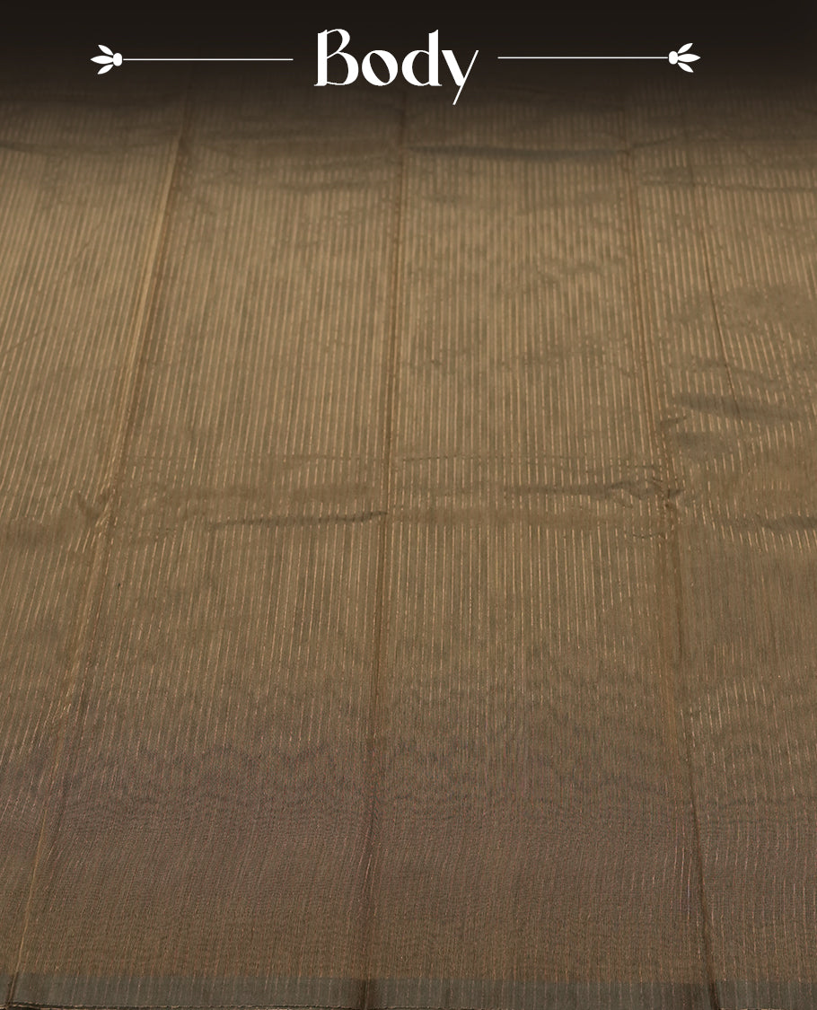 Olive Bronze colour Silk Cotton Saree featuring fine metallic pinstripes on the body, a Deep Wine striped pallu with copper highlights, and a coordinated Wine blouse piece.