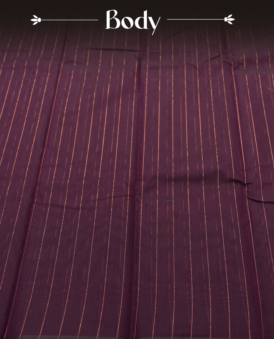Dark maroon Colour silk cotton saree with fine antique gold pinstripes throughout the body, tawny bronze pallu with layered gold bands, plain tawny bronze blouse. Elegant color blocking perfect for festive occasions.