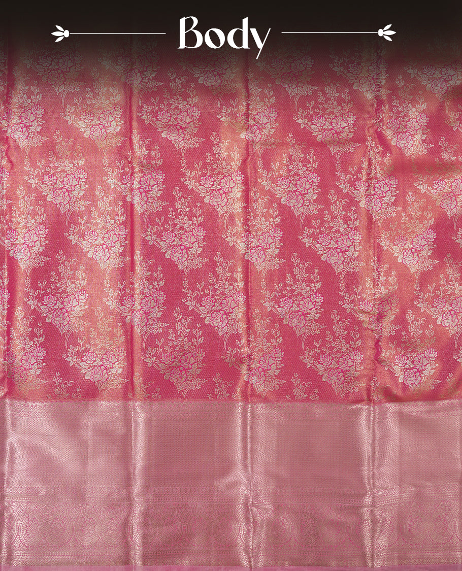 Bright pink colour and gold Zari Tissue Brocade Saree features intricat flower Motifs on body and light pink contrast border with rose gold tradtional border & pallu, paired with matching blouse