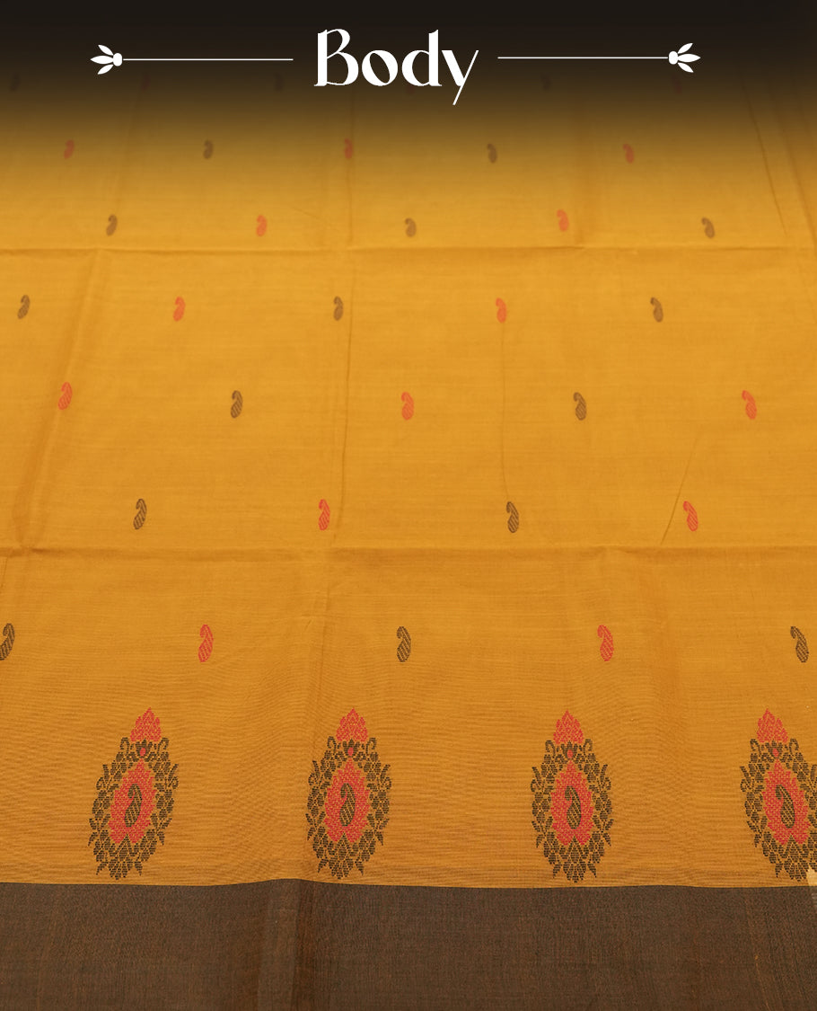 Orange Silk Cotton Saree with Plain Body and Zari Striped Golden Border on Black and Zari Striped Pallu, Paired with Matching Blouse Piece