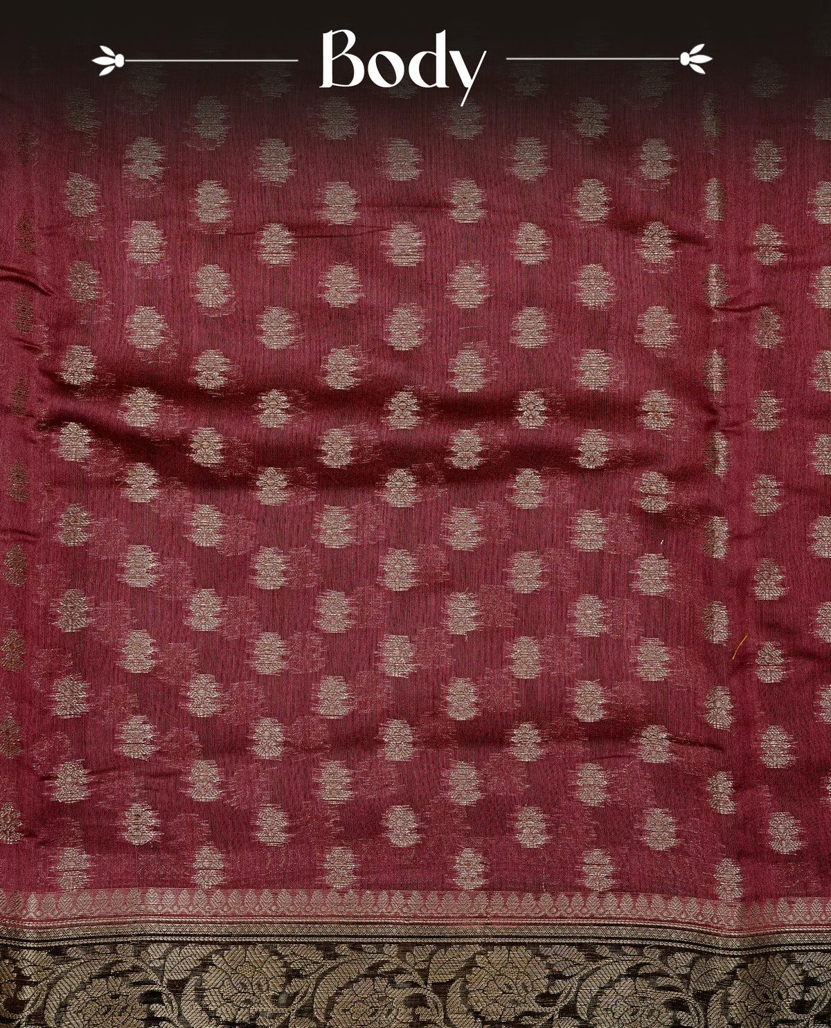 Maroon colour Banaras silk saree featuring gold zari buttas on body, complemented by contrast chocolate colour border, comes with matching blouse piece.