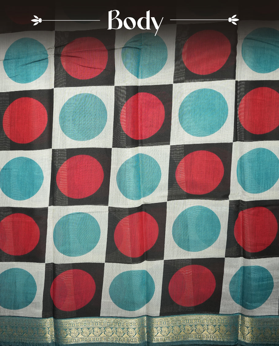 Teal and coral red colour mixed chanderi cotton saree with checkered body featuring circle motifs, geometric printed pallu, golden zari border, matching teal blouse