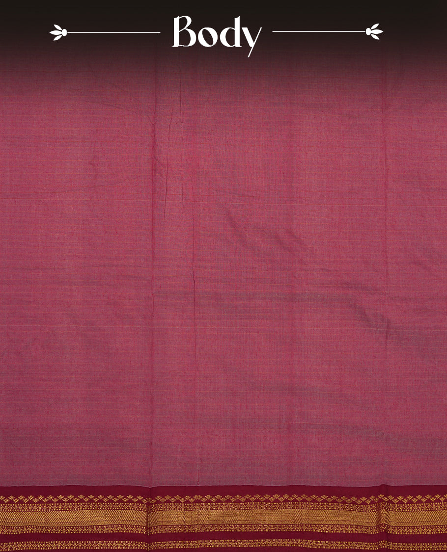 Off white coloured mixed Kalyani cotton saree featuring copper zari checks on the body, complemented by a maroon red coloured border and pallu adorned with golden zari patterns, Paired with a matching blouse.