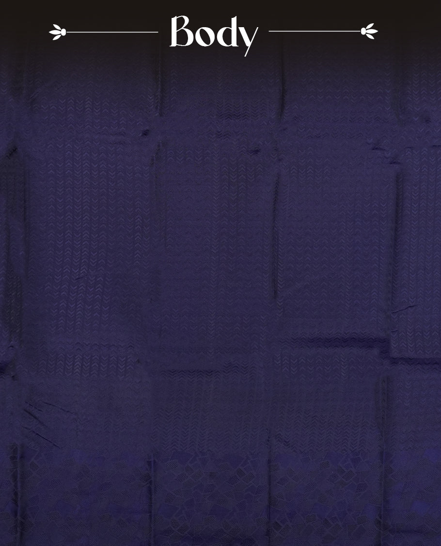 Dark blue colour semi soft silk saree featuring a self coloured textured patterned body, complemented by self coloured tiny diamond motifes on pallu & border and a matching blouse piece.