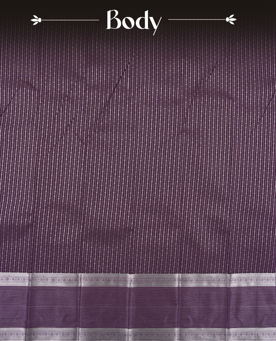 Eggplant Purple Colour Semi Silk Saree with Silver Horizontal Striped Body, Contrasting Coral Pink Silver Zari Pallu & Border, Diamond Lattice Motifs, and Matching Blouse Piece