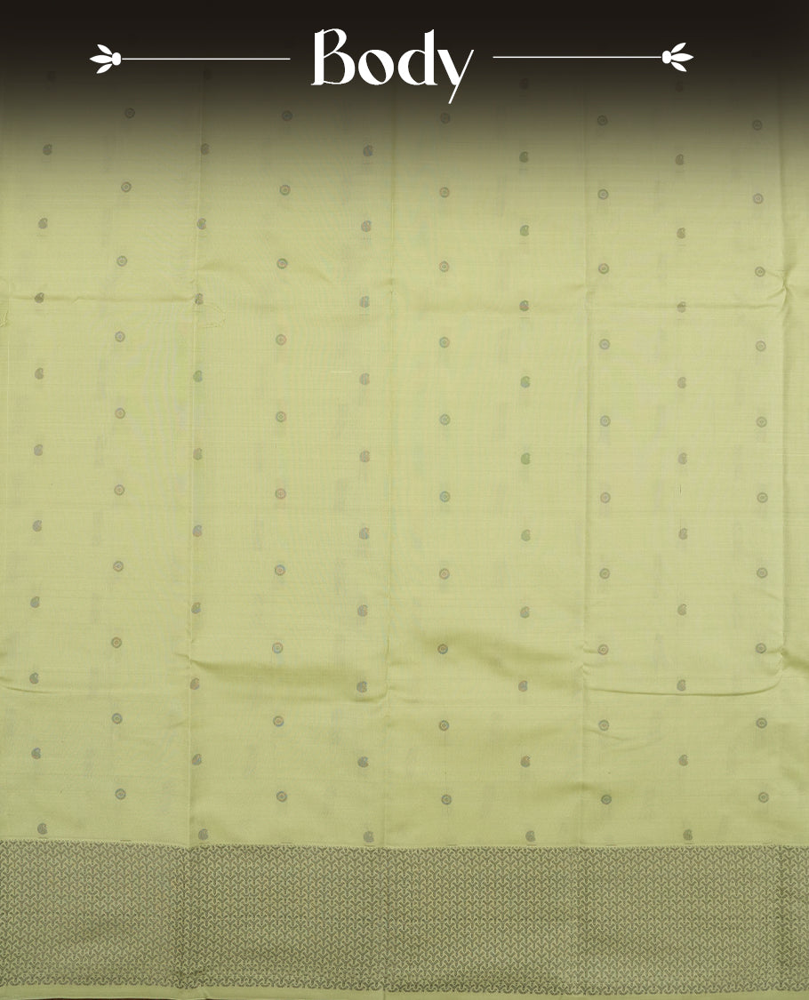 Pastel green colour semi soft silk saree featuring a gray colour textured patterned body, complemented by self coloured with gray colour motifs pallu & border and a matching blouse piece.