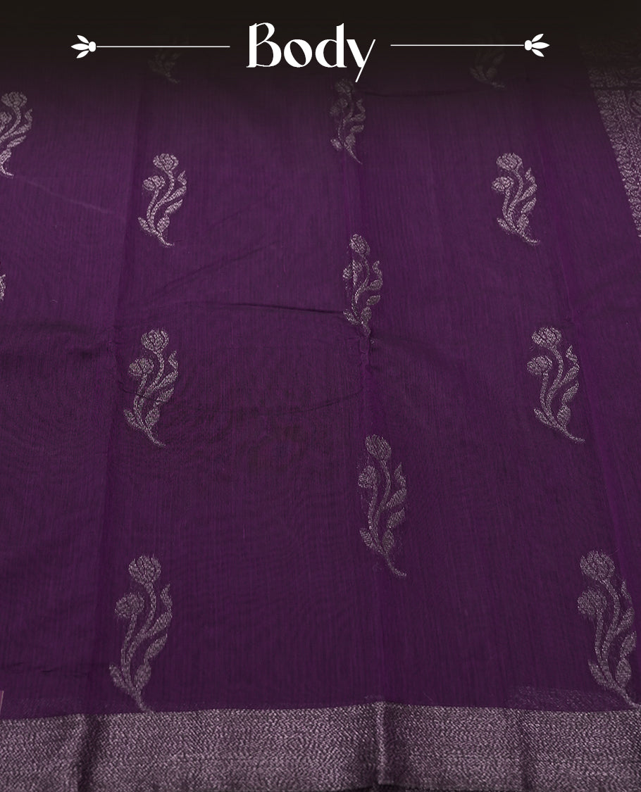 Dark Purple Colour Silk Cotton Saree with Dark Silver Floral Butta Body, Contrasting Dark Silver Zari Pallu & Border, Floral Vine Motifs, and Matching Plain Woven Blouse Piece
