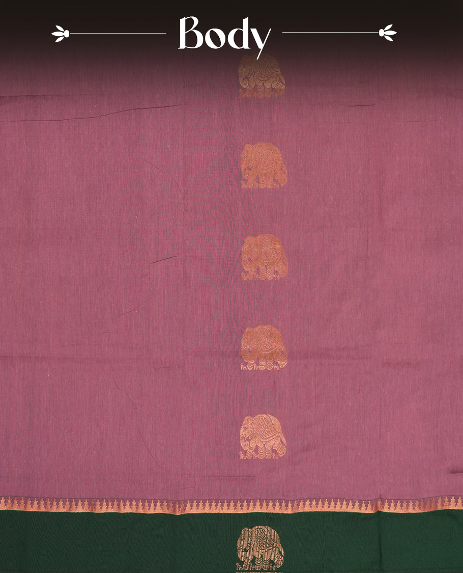 Plum colour Kalyani Cotton saree in forest green pallu,antique gold elephant motifs and temple borders & Comes with a matching blouse piece.
