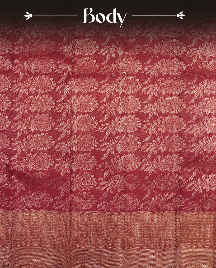 Burgundy colour Kanchipuram Samudrika Silk Saree featuring Floral pattern weaving with gold zari jacquard and a traditional zari border, paired with a matching designer jacquard blouse piece