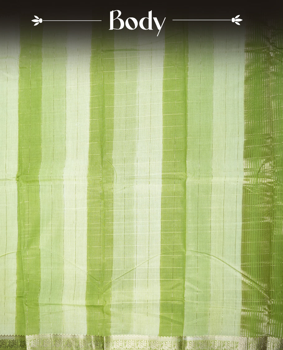 Lime green colour mixed chanderi cotton saree with vertical striped body, pallu featuring rose gold zari border, and matching blouse.