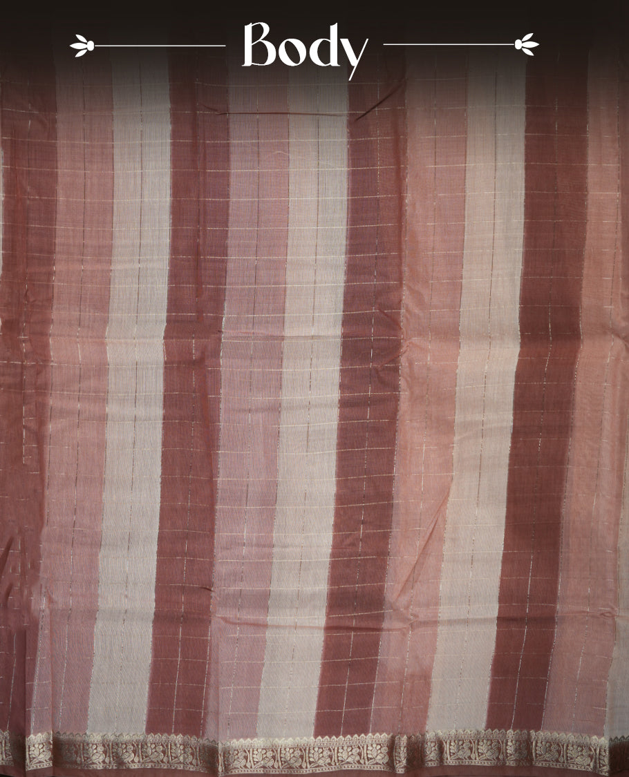 Muted brown chanderi cotton saree with checkered striped body, brown pallu featuring silver zari border, and matching checkered blouse.