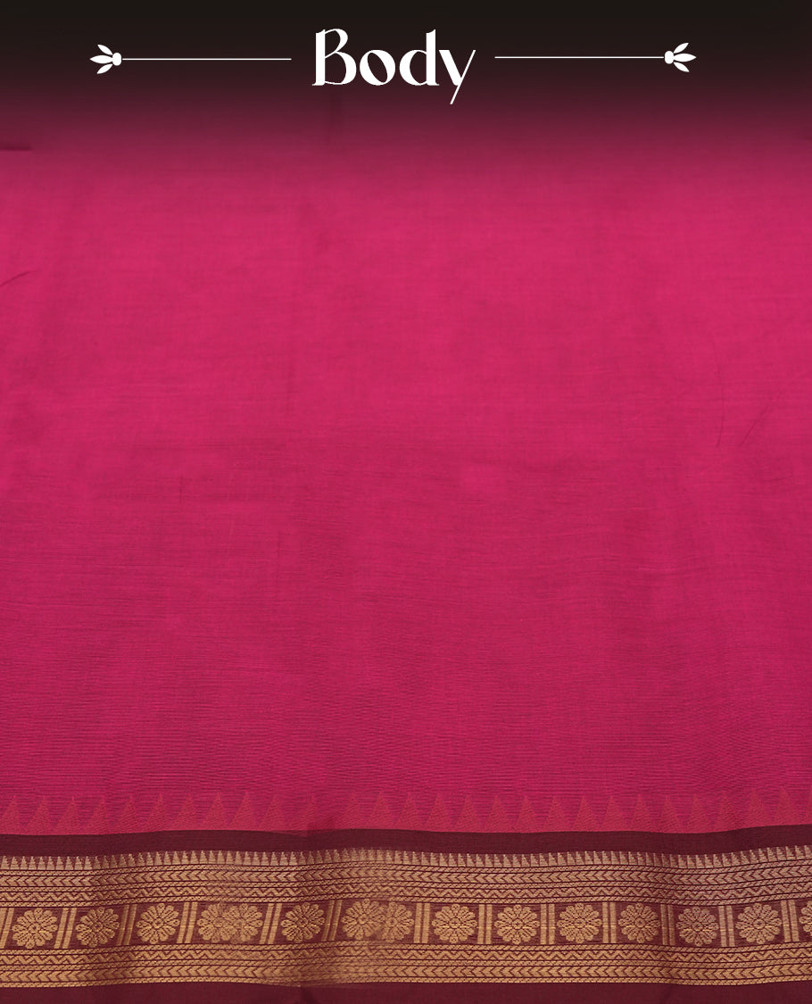 Magenta Chettinad cotton saree featuring a traditional gold zari maroon colour border with intricate temple motifs, soft texture, and elegant finish & Comes with a matching blouse for a classic ethnic look.