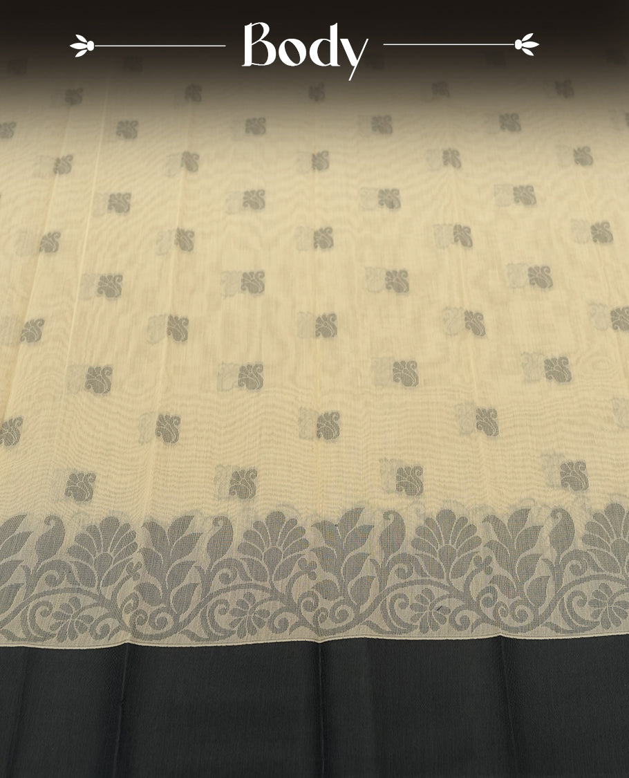 Sandal colour silk cotton saree featuring subtle elegant floral woven motifs on the body, complemented by a classic contrast grey colour border and pallu with intricate traditional detailing & Comes with a matching blouse piece.