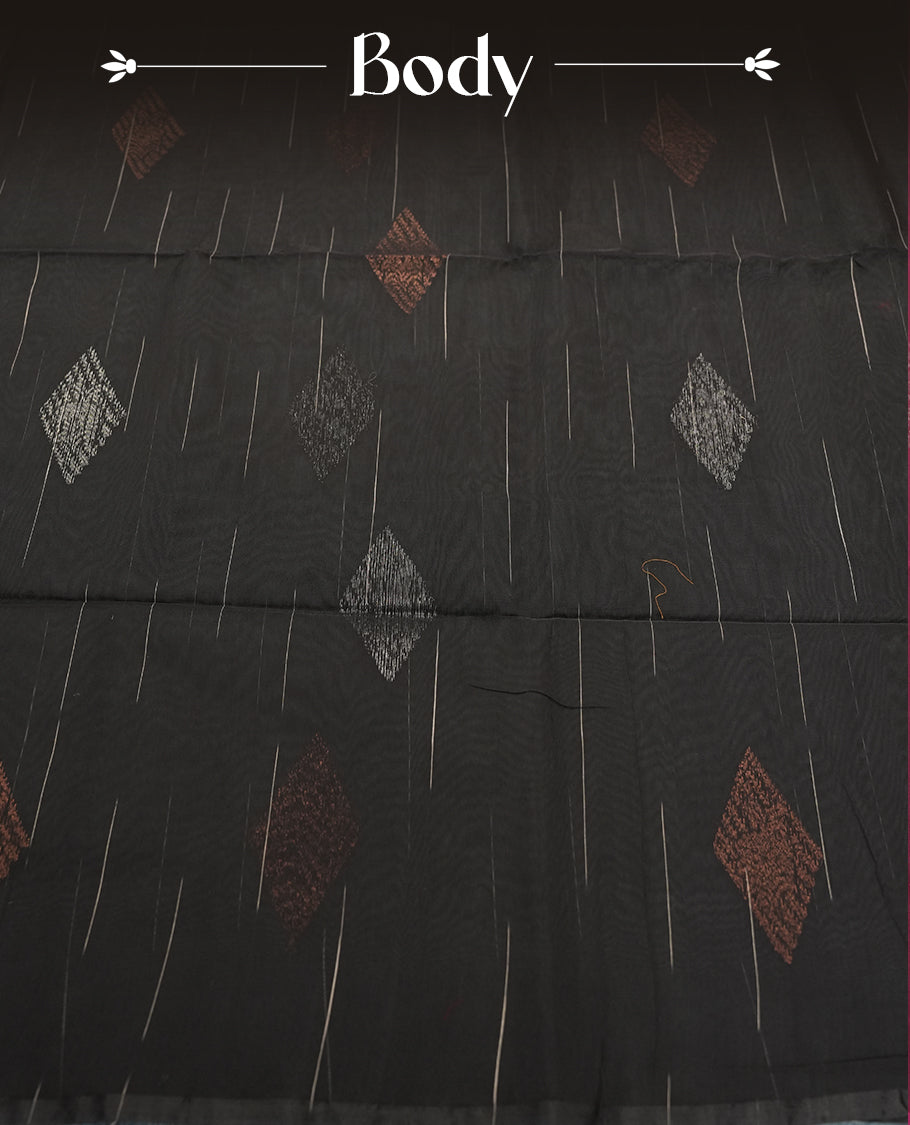 Black Cotton Saree with Silver and Bronze/Copper Diamond Butta Body, Featuring Gold/Mustard Zari-Accented Pallu with Scalloped Border Edge, Paired with Matching Gold/Mustard Plain Blouse Piece