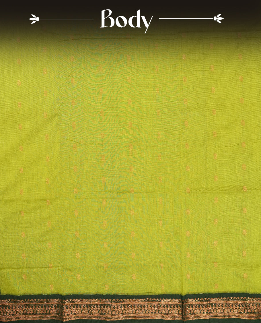 Lemon green colour Kalyani Cotton saree with rich green colour border with peacock motifs on pallu, featuring copper zari and intricate weaving & Includes a matching blouse piece.