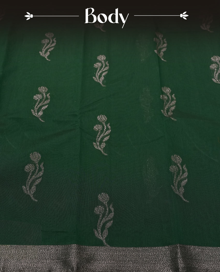 Dark Green Colour Silk Cotton Saree with Dark Silver Floral Butta Body, Contrasting Dark Silver Zari Pallu & Border, Floral Vine Motifs, and Matching Plain Woven Blouse Piece
