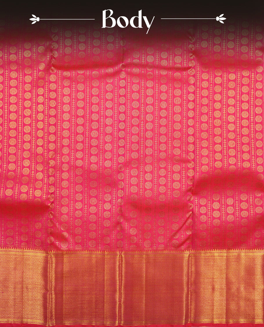 Rani pink colour Kanchipuram Samudrika Silk Saree featuring Poo chakram & strip pattern weaving with gold zari jacquard and a traditional zari border, paired with a matching designer jacquard blouse piece